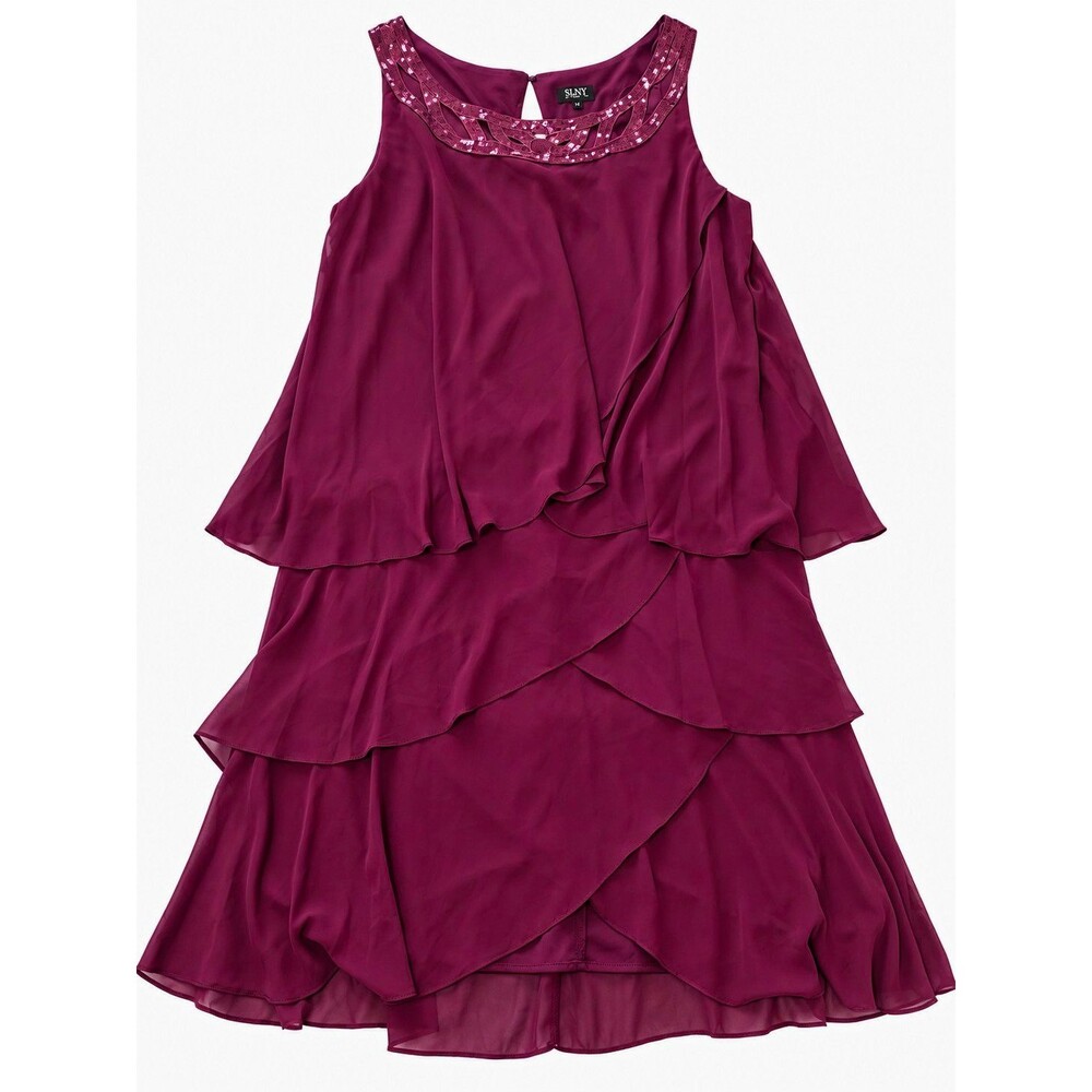 SLNY Purple Chiffon A-Line Dress Sequin Scoop Neck Knee Length Plus 18